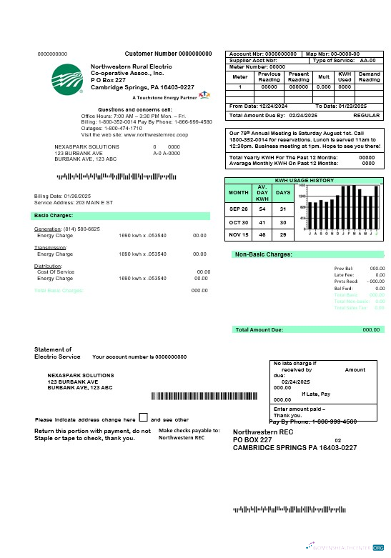 USA Northwestern Rural Electric business utility bill template, fully editable in Word and PDF formats